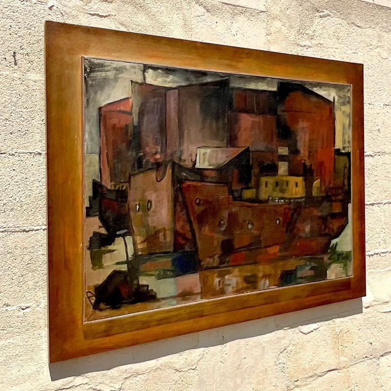 A striking vintage MCM original oil on canvas. A chic Abstract Cubist composition in dark rich colors. Signed by the artist. Acquired from a Palm Beach estate