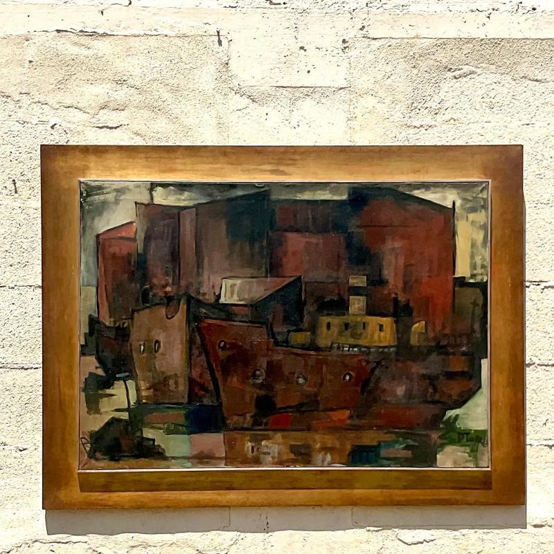 American Craftsman Vintage MCM Abstract Cubist Cityscape Signed Original Oil on Canvas For Sale