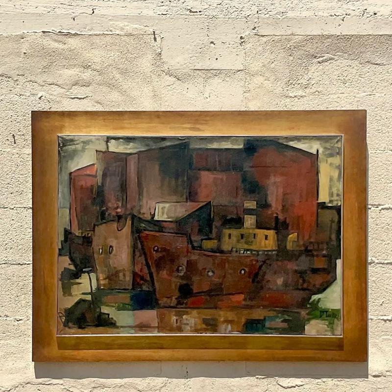 Vintage MCM Abstract Cubist Cityscape Signed Original Oil on Canvas In Good Condition For Sale In west palm beach, FL