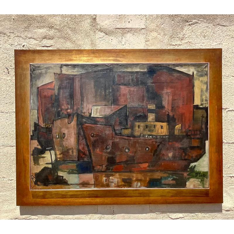 20th Century Vintage MCM Abstract Cubist Cityscape Signed Original Oil on Canvas For Sale