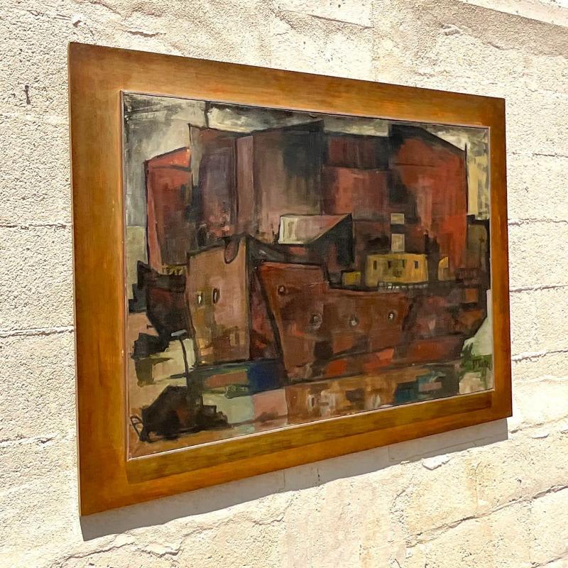 Vintage MCM Abstract Cubist Cityscape Signed Original Oil on Canvas For Sale 1