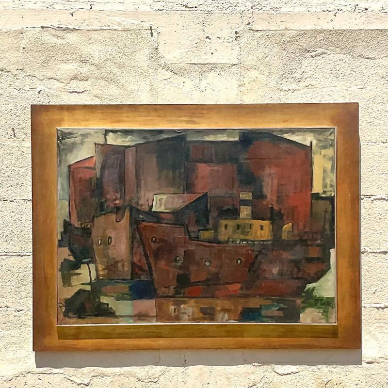 Vintage MCM Abstract Cubist Cityscape Signed Original Oil on Canvas For Sale 2