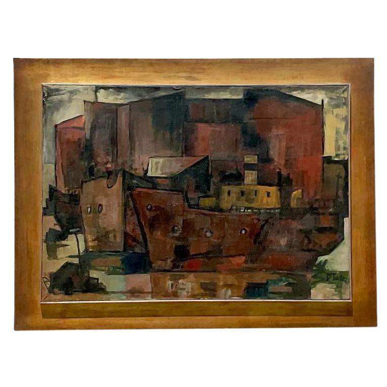 Vintage MCM Abstract Cubist Cityscape Signed Original Oil on Canvas For Sale