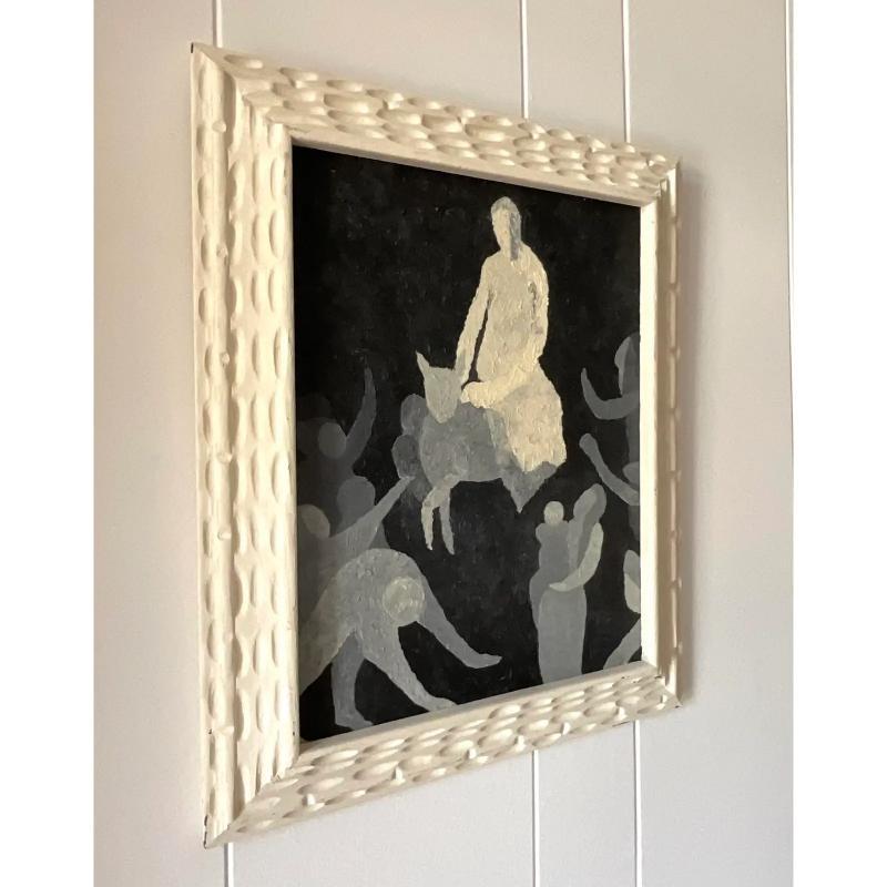 A fantastic Vintage original oil painting on board. A chic Abstract Figural graphic black and whites. A beautiful painted notched wood frame. Unsigned. Acquired from a Palm Beach estate