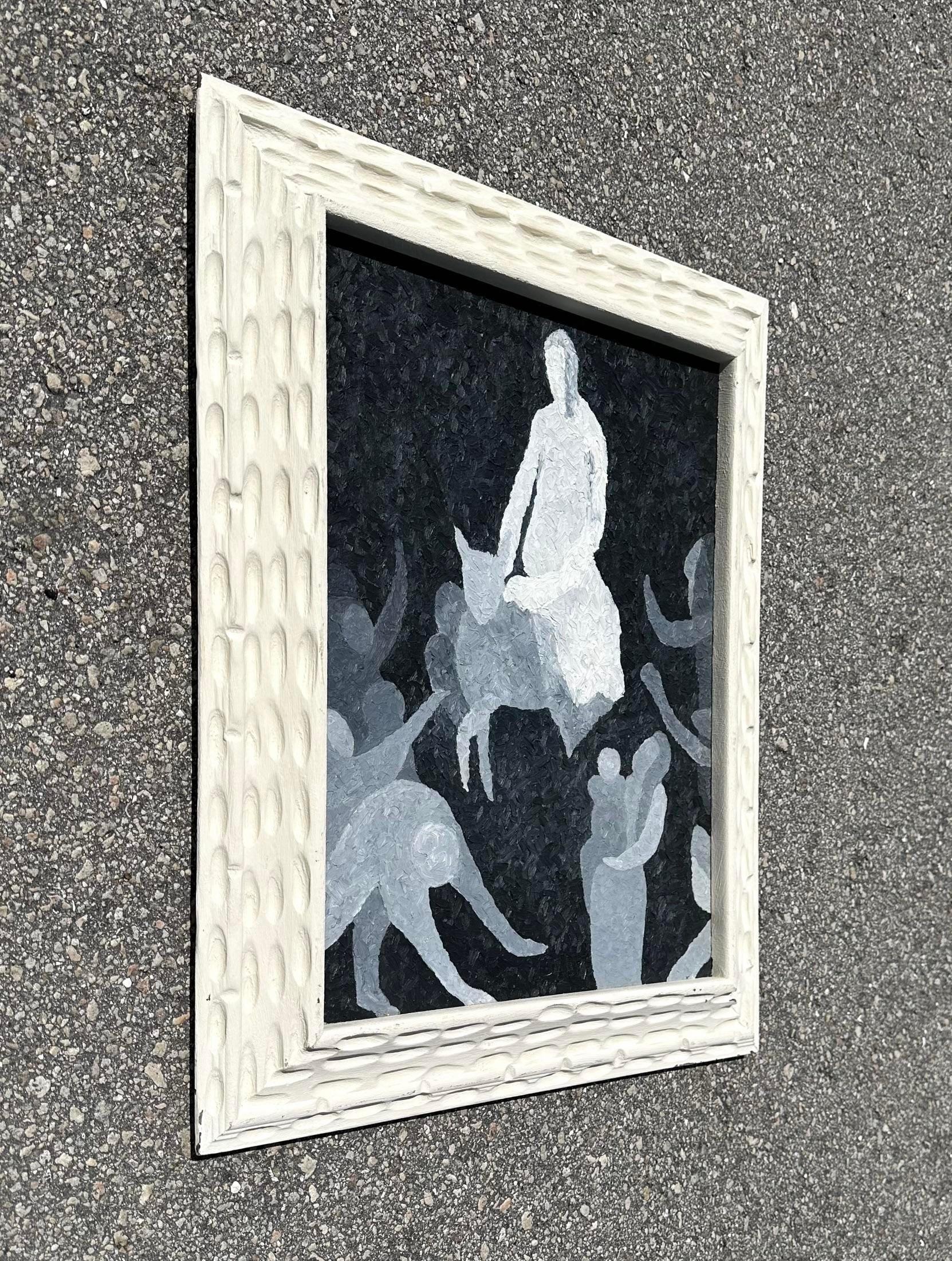 Un fantastico dipinto a olio originale vintage su tavola. Un'elegante grafica astratta figurativa in bianco e nero. Una bellissima cornice in legno dentellata e dipinta. Senza segno. Acquistata da una proprietà di Palm Beach