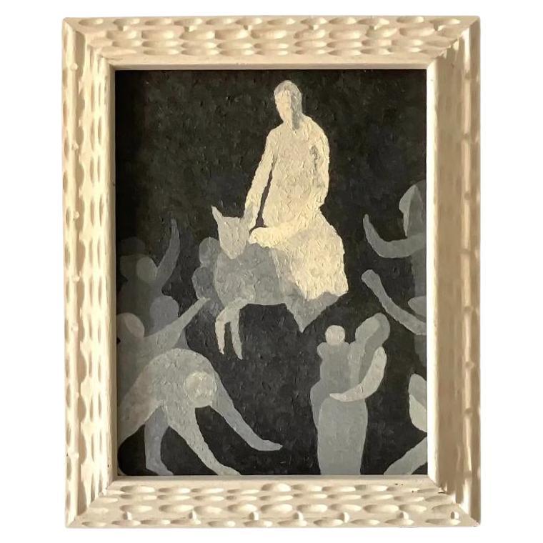 Vintage MCM Abstract Figural Original Oil on Board For Sale