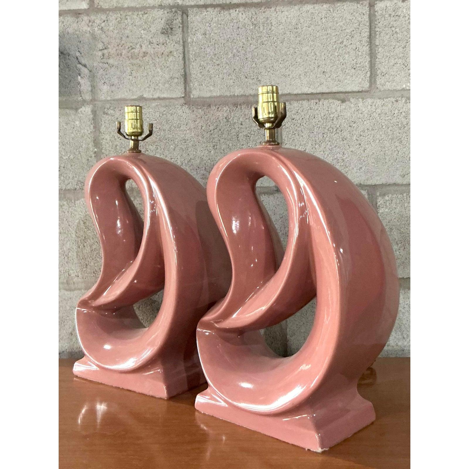 Art déco Paire de lampes vintage en céramique émaillée abstraite MCM en vente