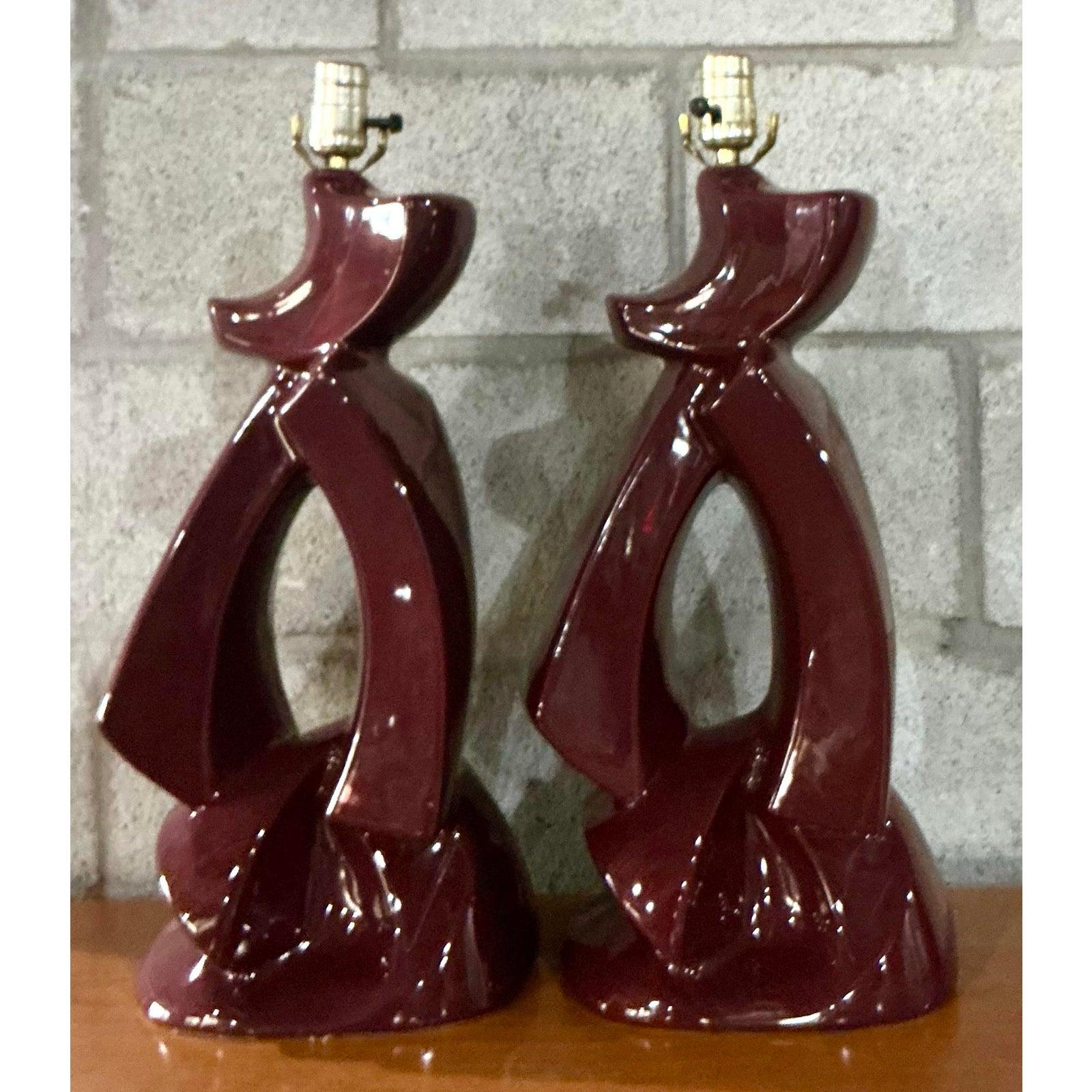 Lámparas Vintage MCM de cerámica esmaltada abstracta - Pareja Estadounidense en venta