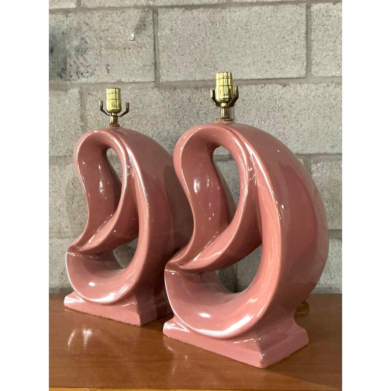 Paire de lampes vintage en céramique émaillée abstraite MCM Bon état - En vente à West Palm Beach, FL