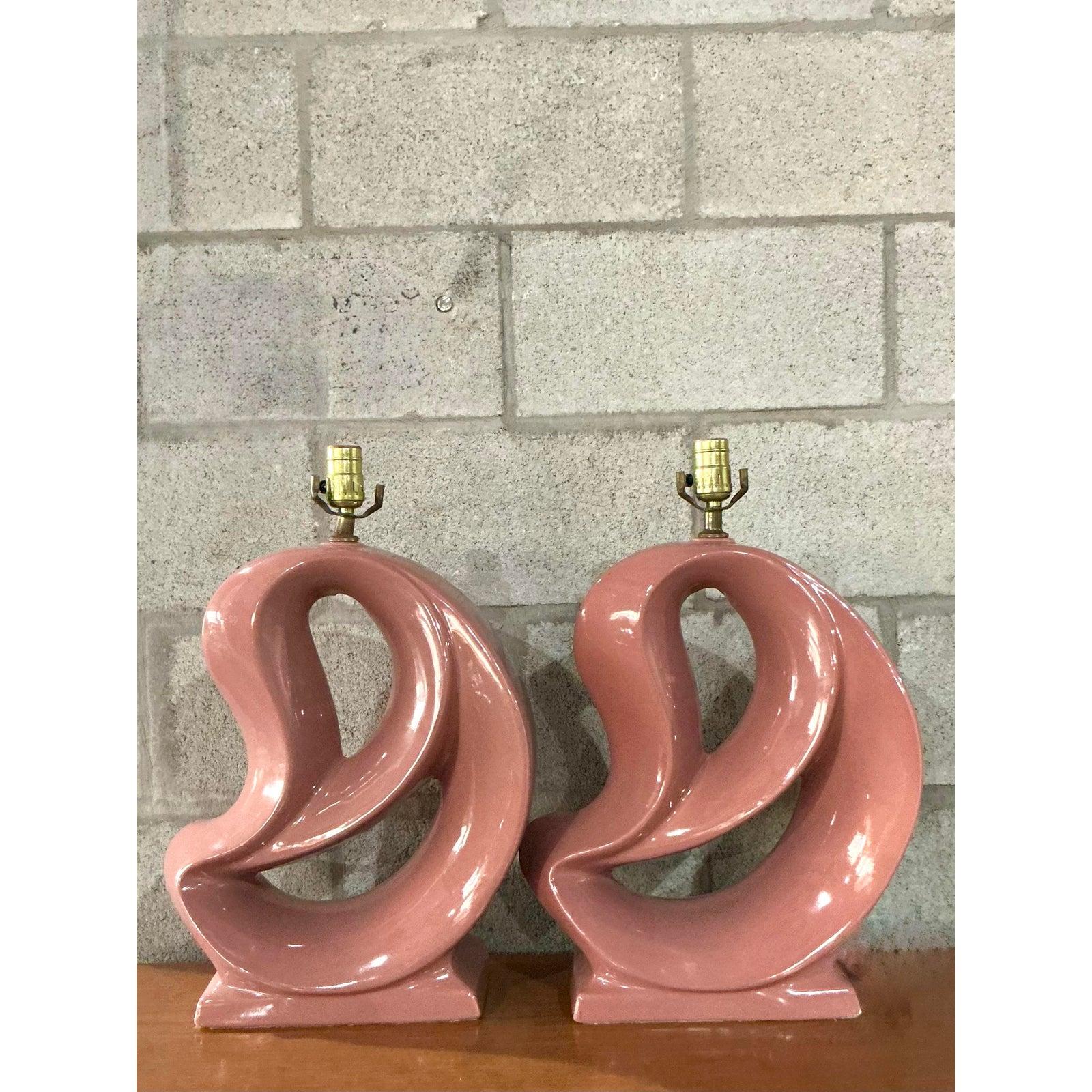 Laiton Paire de lampes vintage en céramique émaillée abstraite MCM en vente