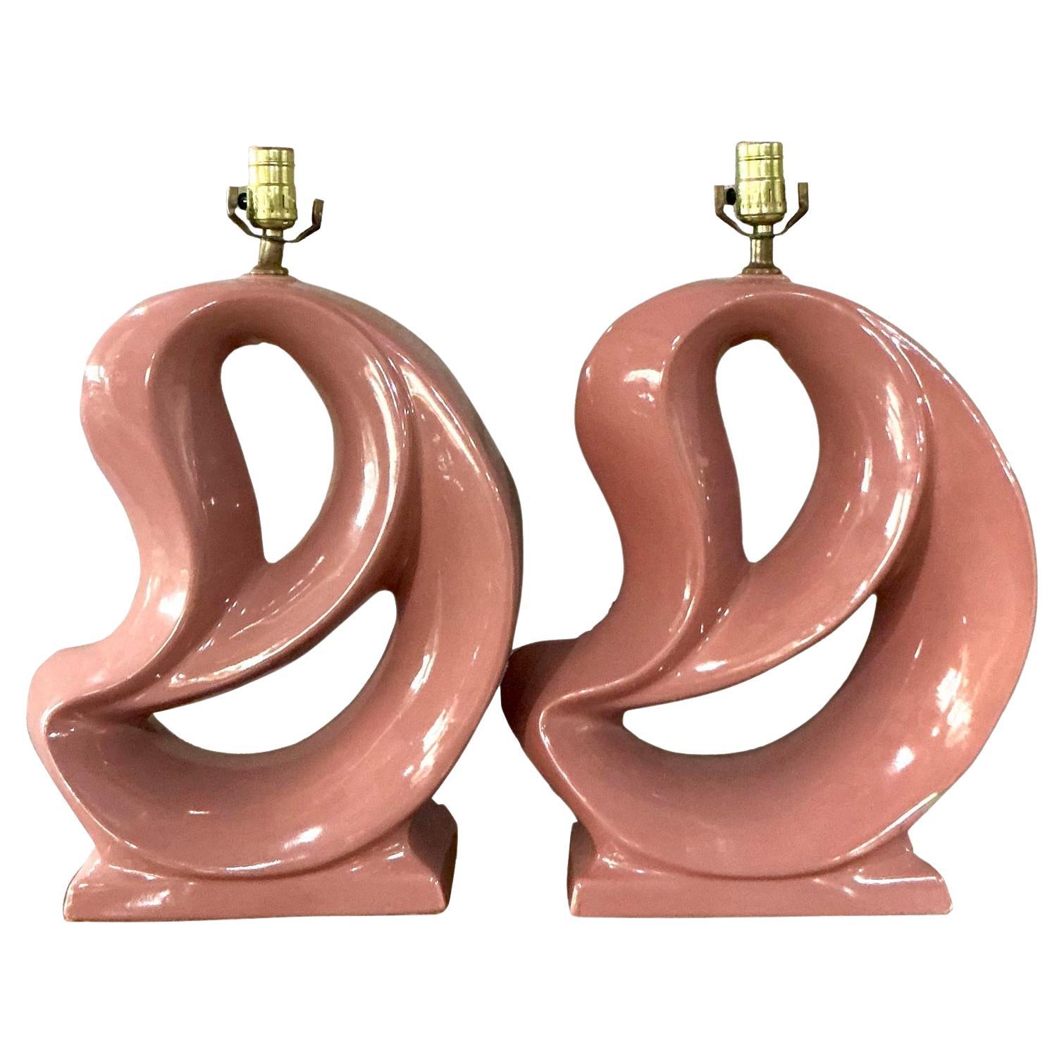 Vintage MCM Abstract Glazed Ceramic Lamps - A Pair