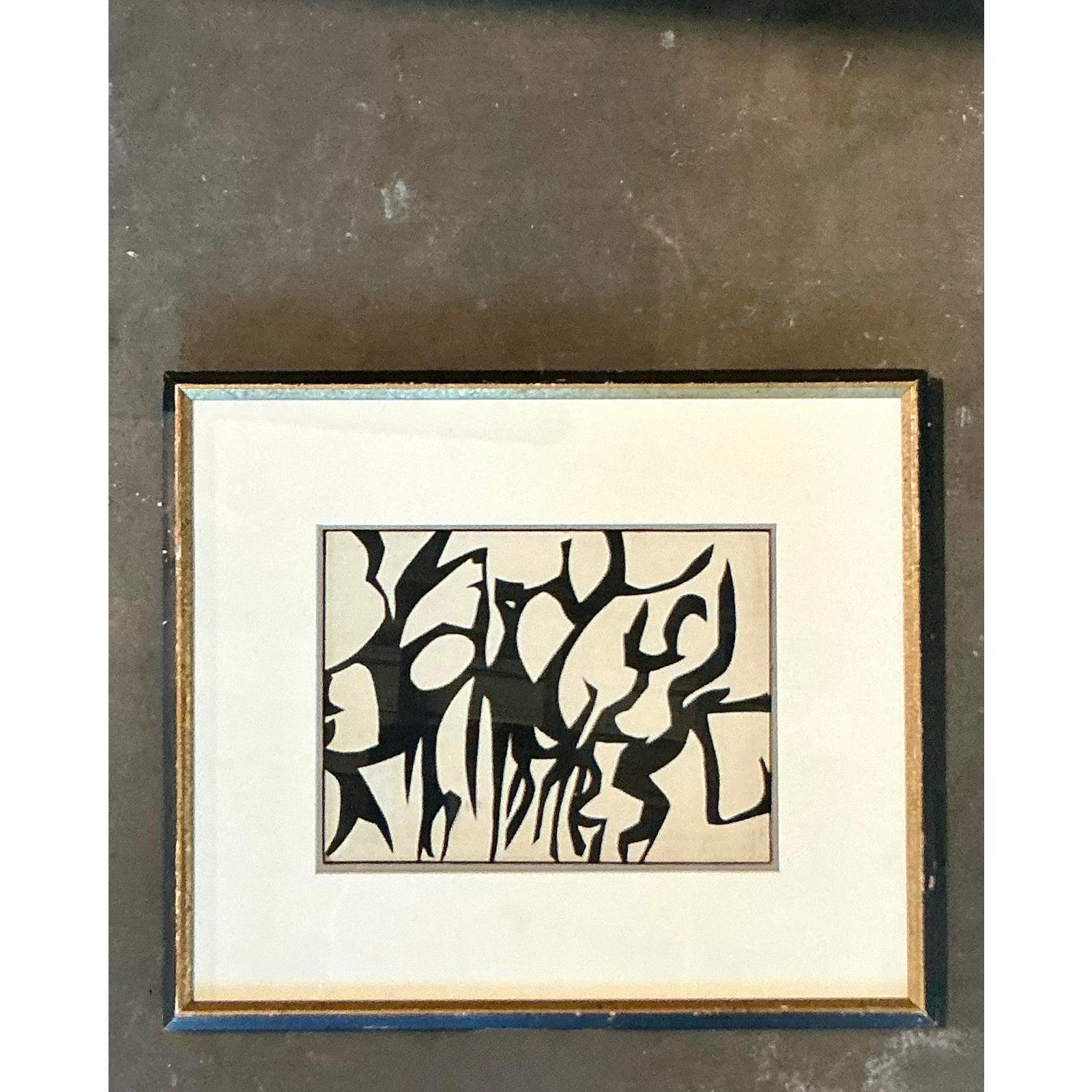 Vintage MCM Abstrakte Tinte auf Papier im Zustand „Gut“ im Angebot in West Palm Beach, FL
