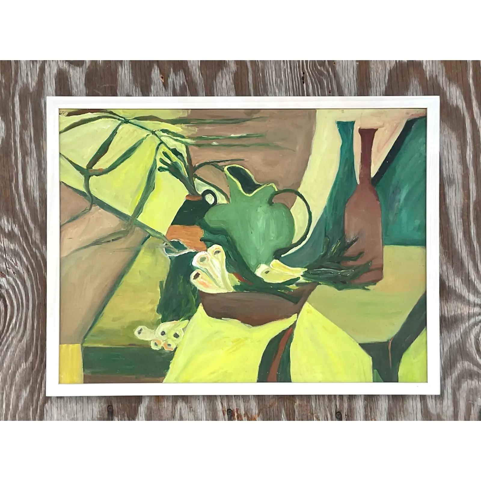 A fabulous vintage MCM Abstract still life original oil painting. A beautiful composition of geometric shapes in brilliant greens and browns. Acquired from a Palm Beach estate.