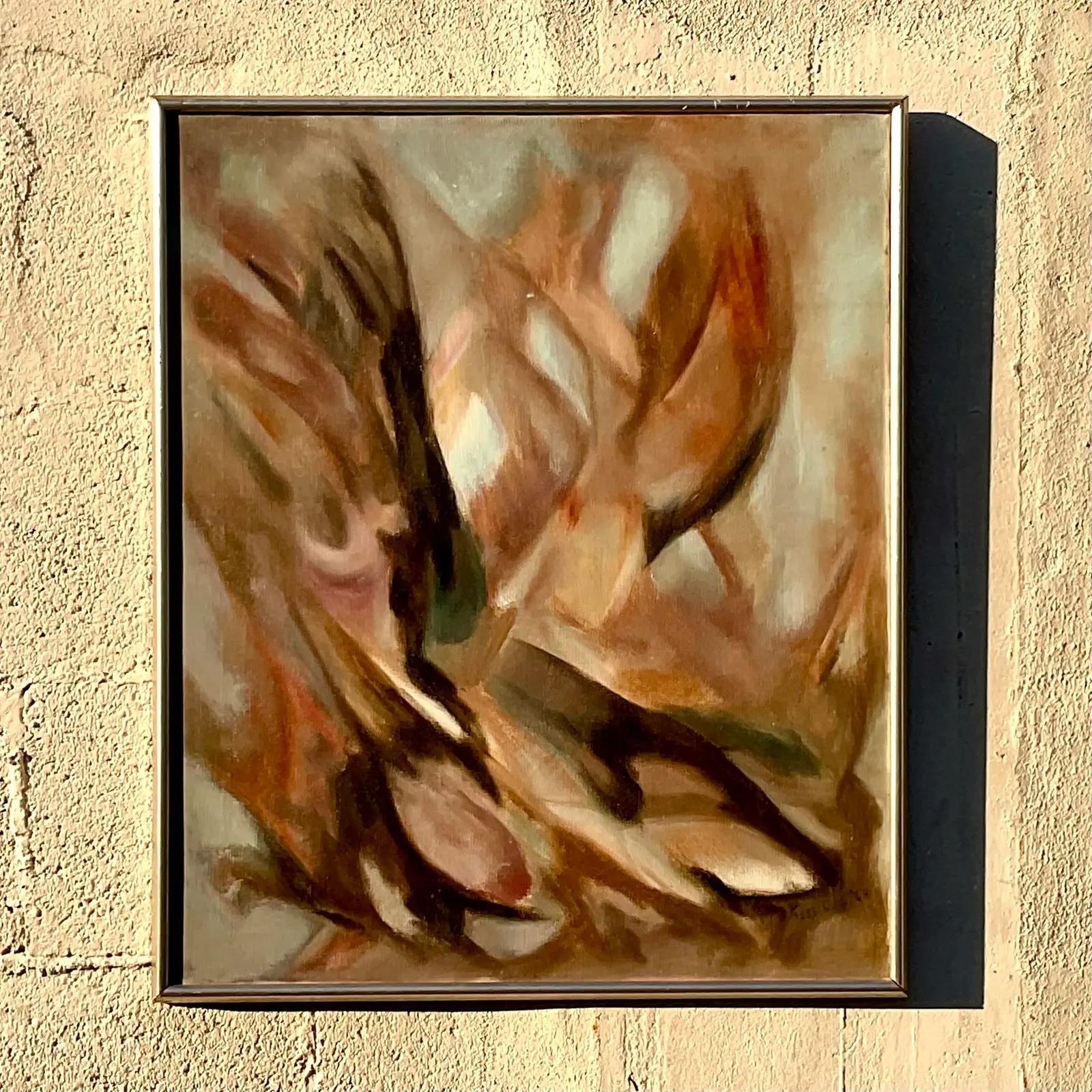 A fantastic vintage Boho original oil painting. A beautiful abstract in warm muted colors. Signed and dated by the artist Ms. Peggy Cole 1960. Acquired from a Palm Beach estate.

The painting is in great vintage condition. Minor scuffs and blemishes