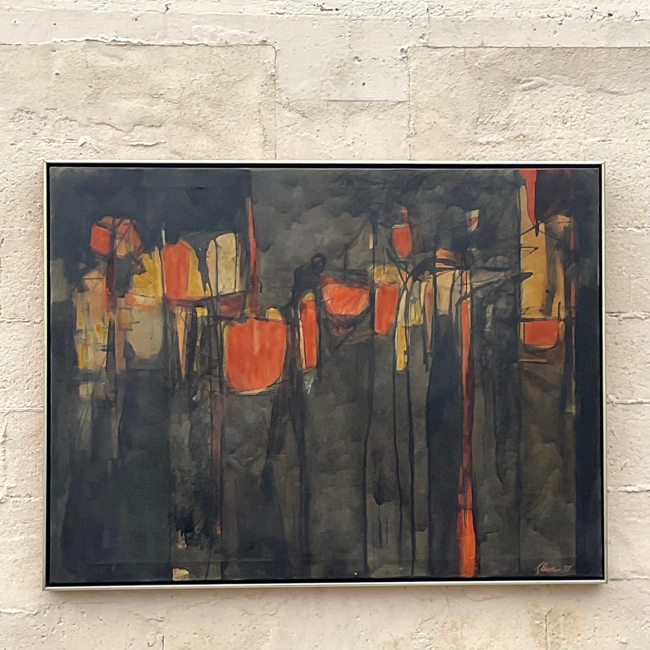A stunning vintage MCM original oil painting on canvas. A chic Abstract in dark moody colors with a flash of orange and golds. Signed by the artist. Acquired from a Palm Beach estate. 