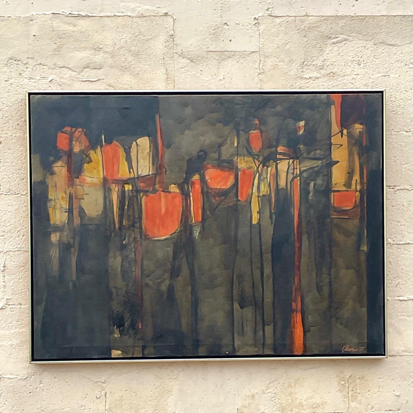 Vintage MCM Abstract Original Oil Painting on Canvas In Good Condition In west palm beach, FL