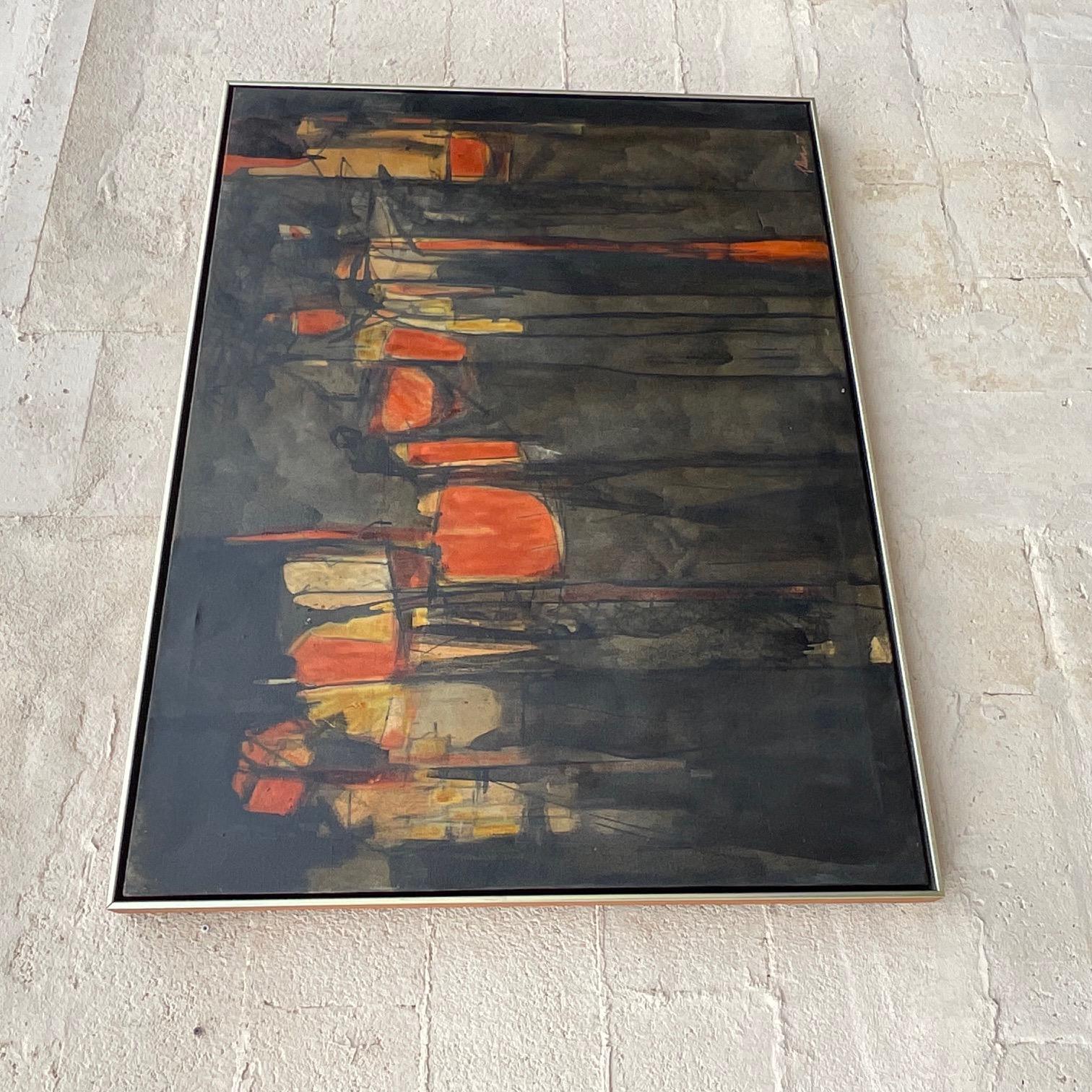 20th Century Vintage MCM Abstract Original Oil Painting on Canvas