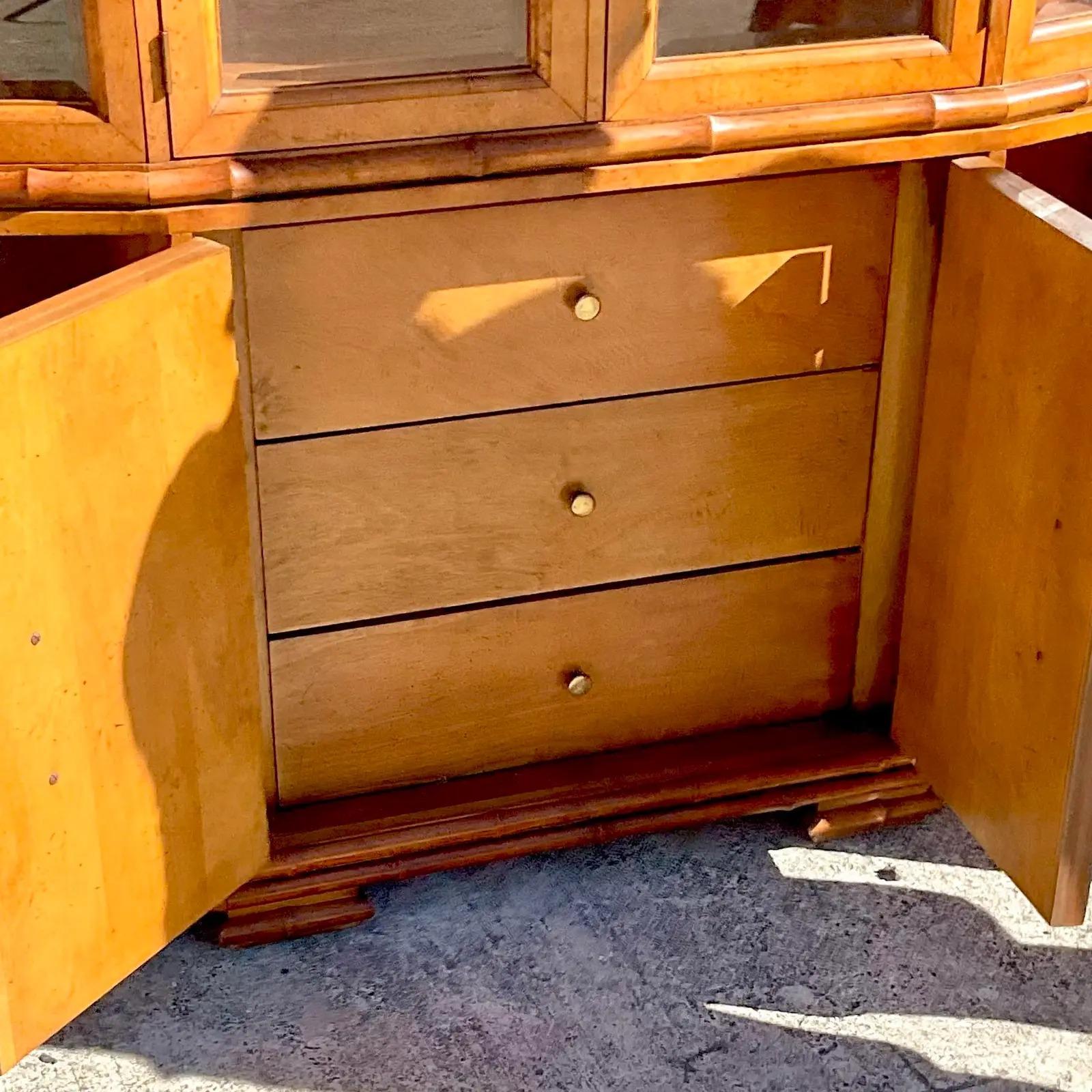 Vintage MCM American of Martinsville Angled Faux Bamboo China Cabinet In Good Condition In west palm beach, FL