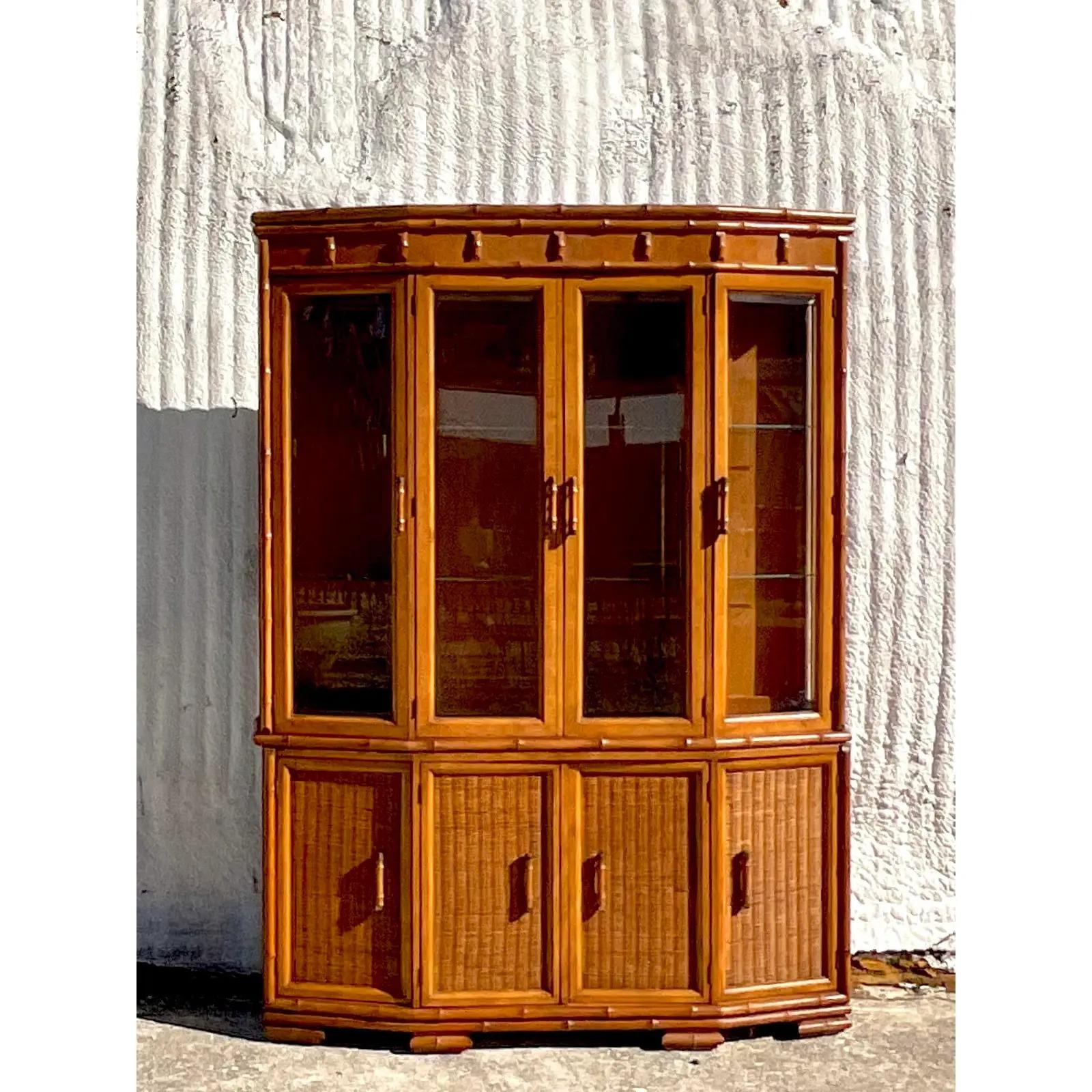 20th Century Vintage MCM American of Martinsville Angled Faux Bamboo China Cabinet