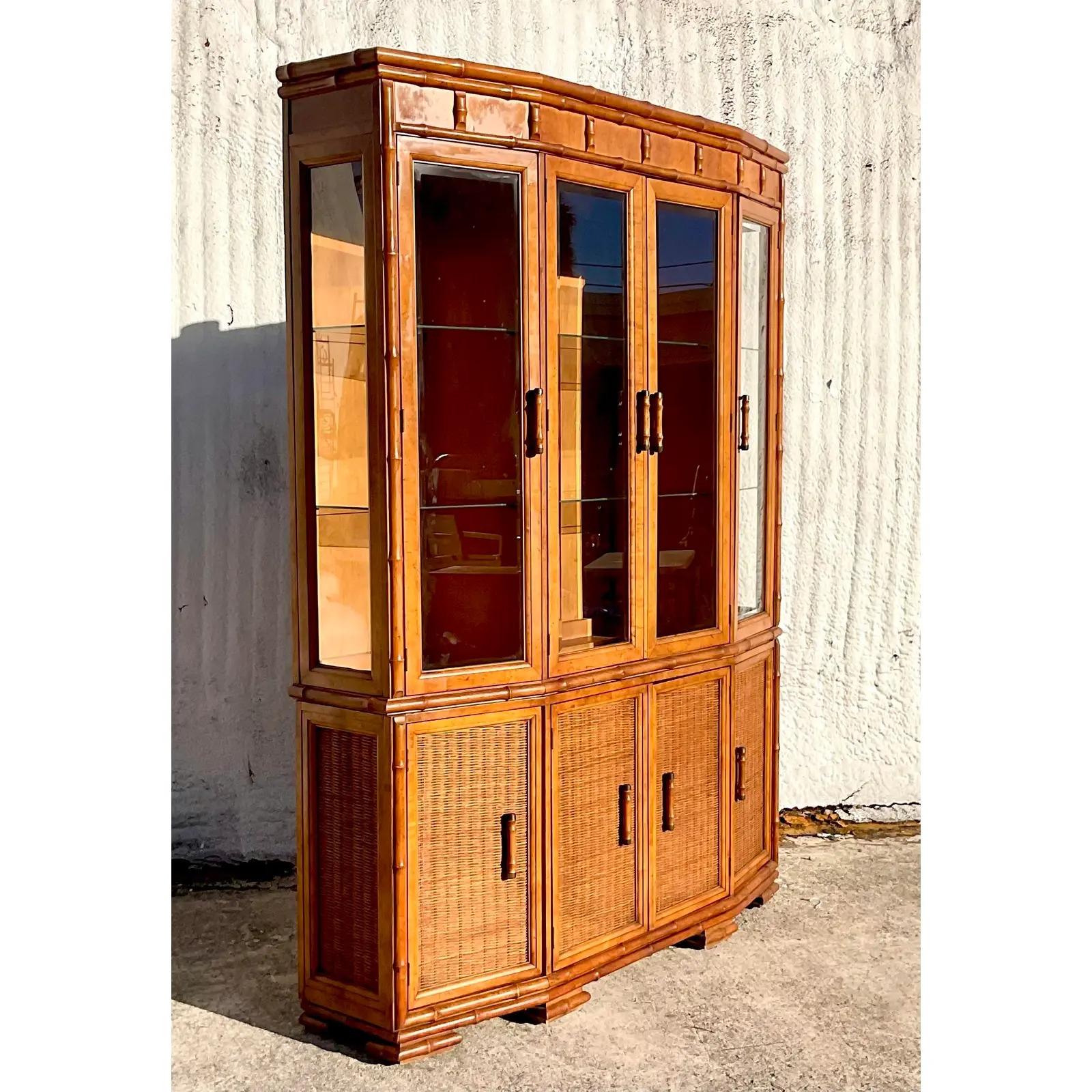 Vintage MCM American of Martinsville Angled Faux Bamboo China Cabinet 1
