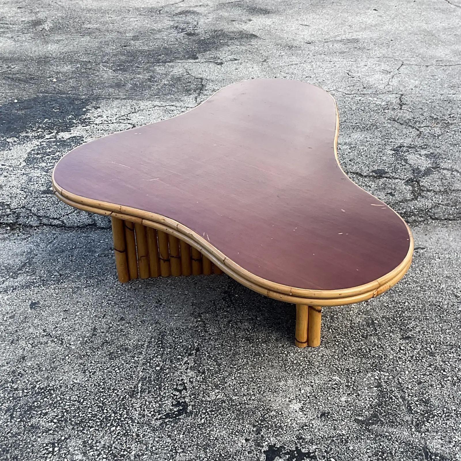 Vintage MCM Amoeba Rattan Coffee Table After Frankl In Good Condition For Sale In west palm beach, FL