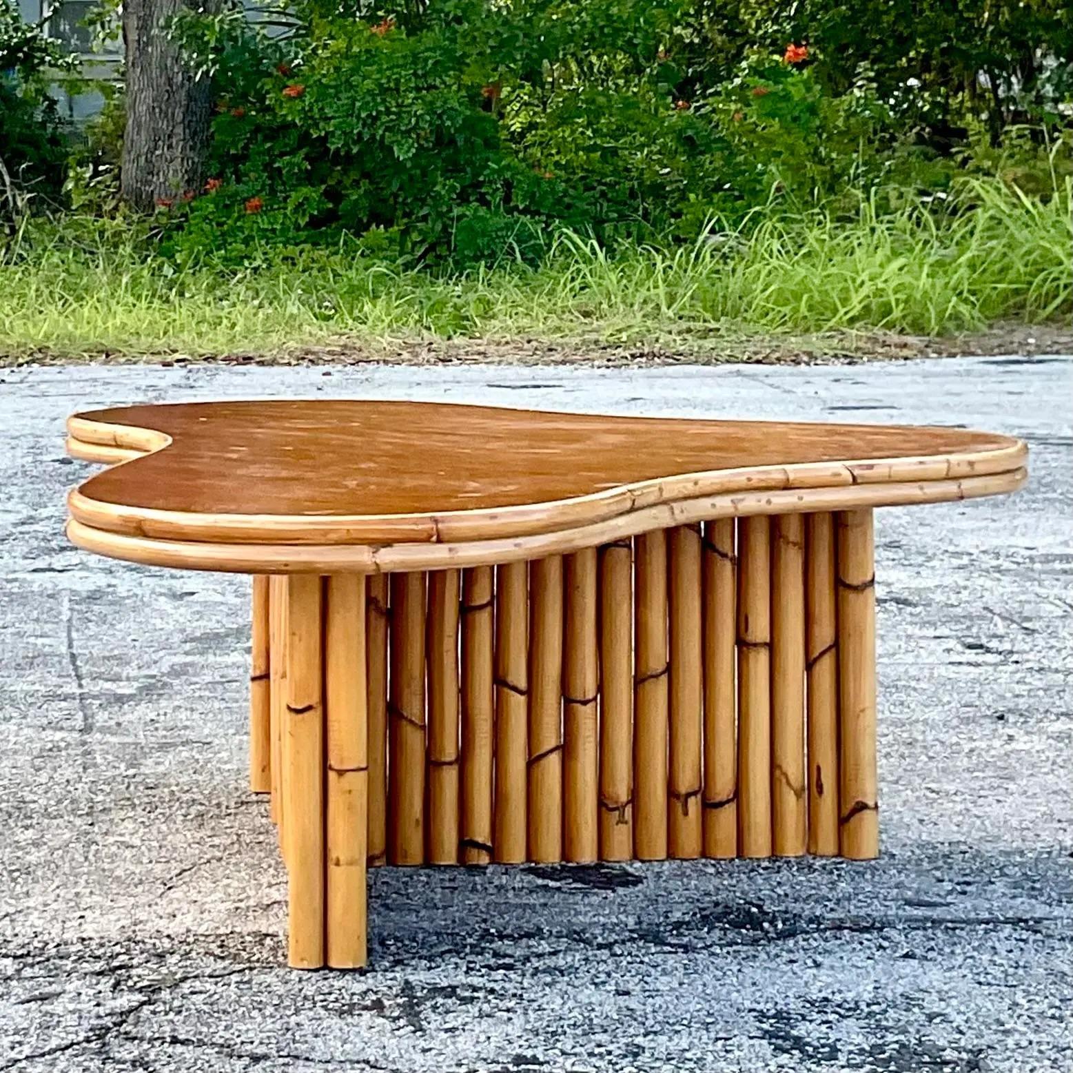 20th Century Vintage MCM Amoeba Rattan Coffee Table After Frankl For Sale