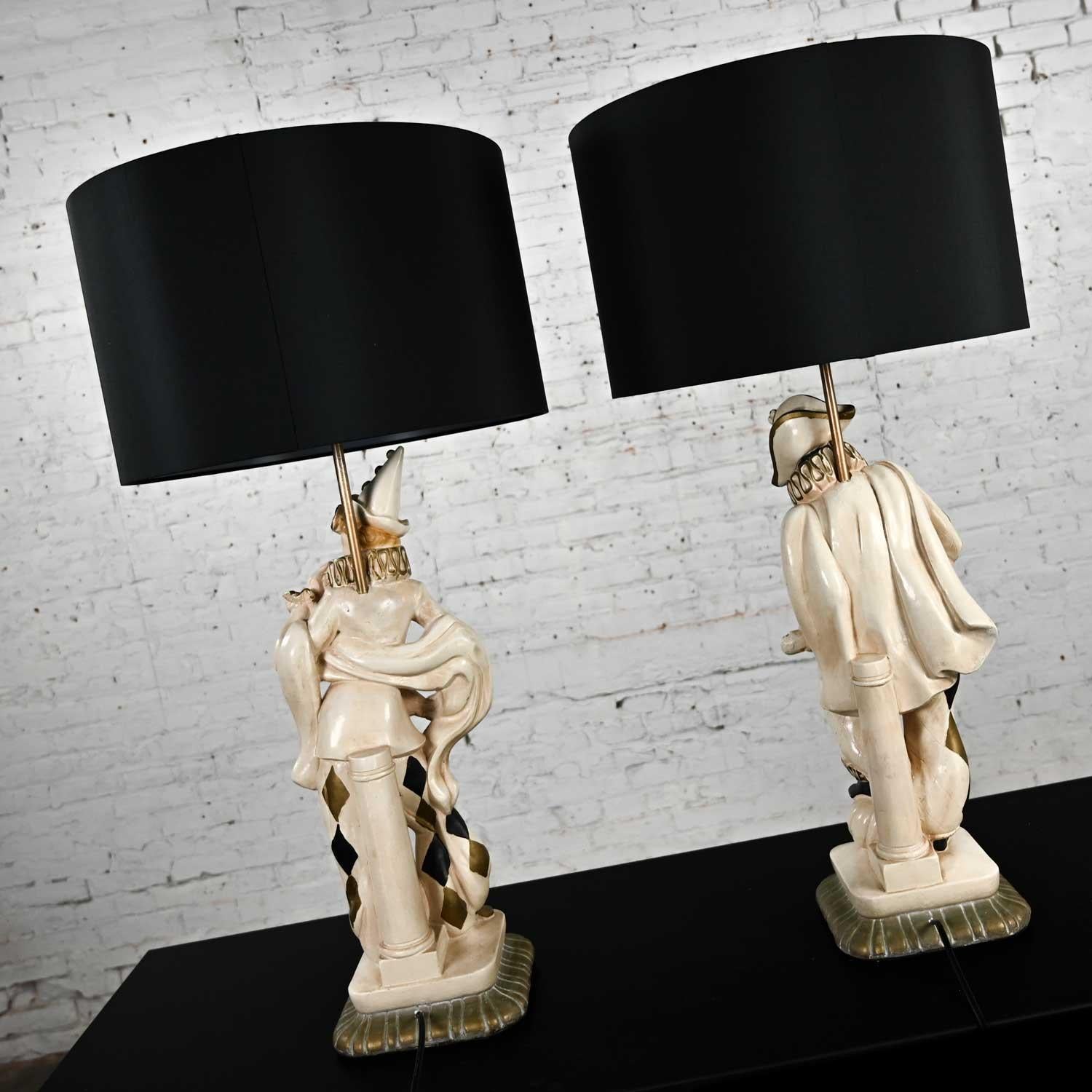 Metal Vintage MCM Art Deco Figural Jester Harlequin Table Lamps Style of Marbro Pair For Sale