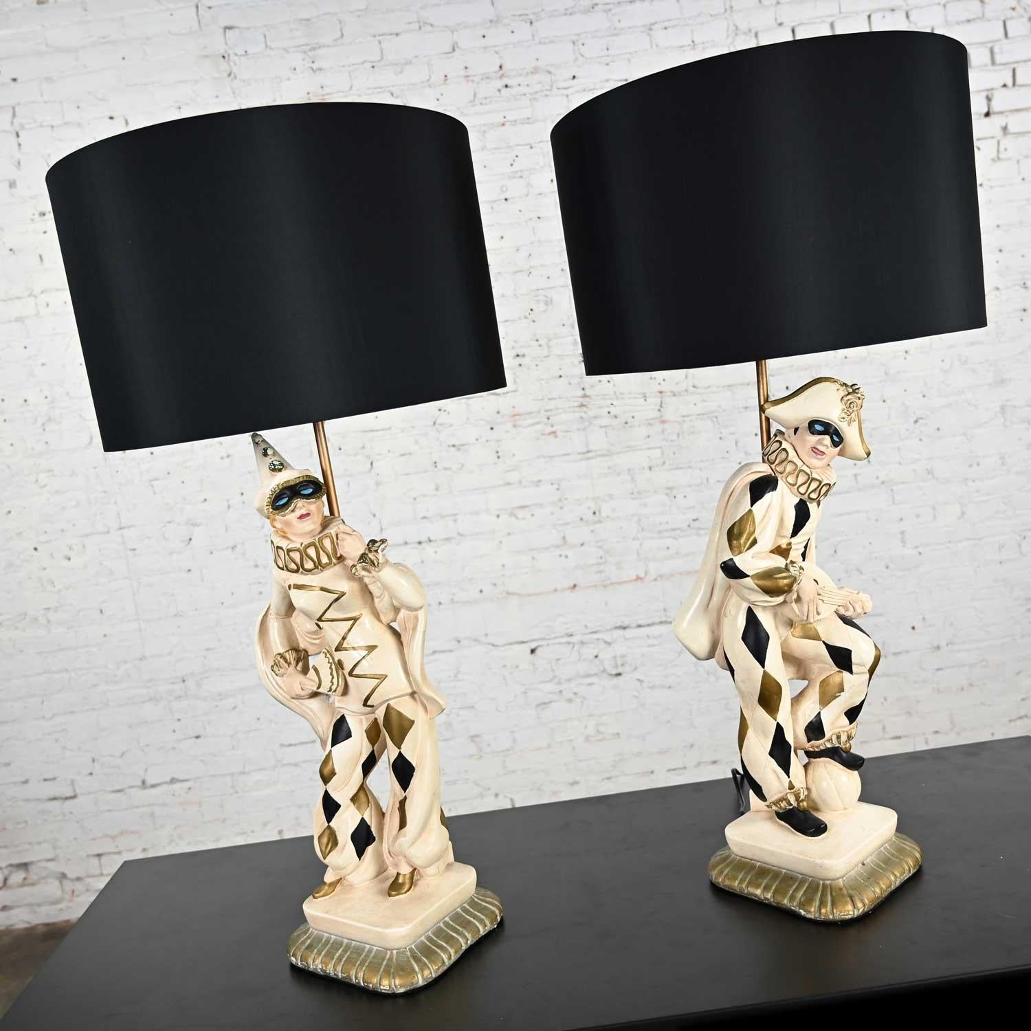 Mid-Century Modern Vintage MCM Art Deco Figural Jester Harlequin Table Lamps Style of Marbro Pair For Sale