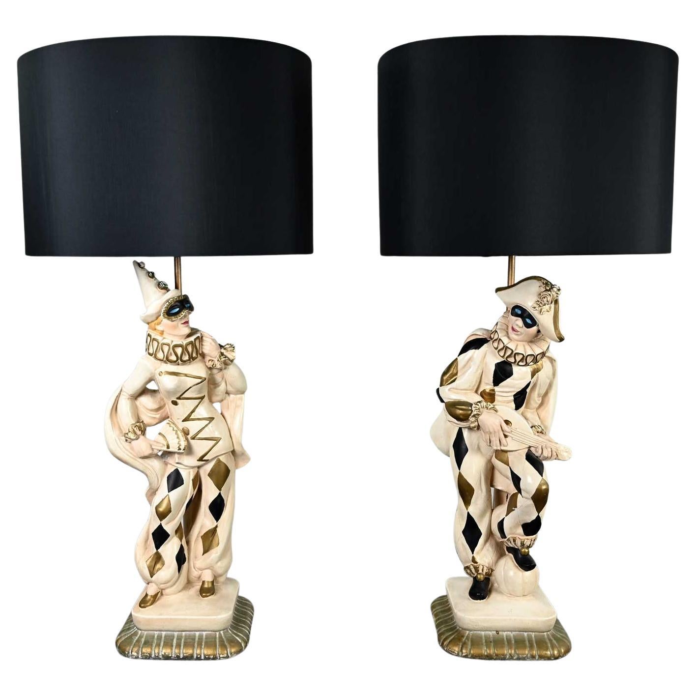 Vintage MCM Art Deco Figural Jester Harlequin Table Lamps Style of Marbro Pair For Sale