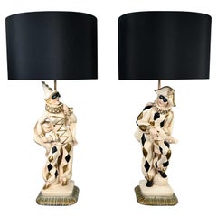Vintage MCM Art Deco Figural Jester Harlequin Table Lamps Style of Marbro Pair