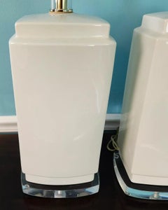 Vintage MCM Bauer Table Lamps Ceramic Lucite White Pair