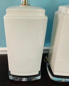 Vintage MCM Bauer Table Lamps Ceramic Lucite White Pair
