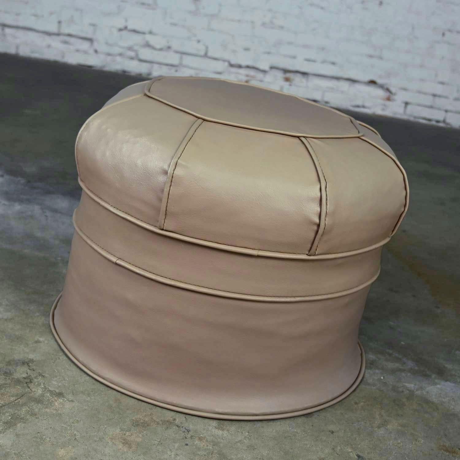 American Vintage MCM Beige Faux Leather Vinyl Octagonal Hassock Ottoman or Footstool For Sale