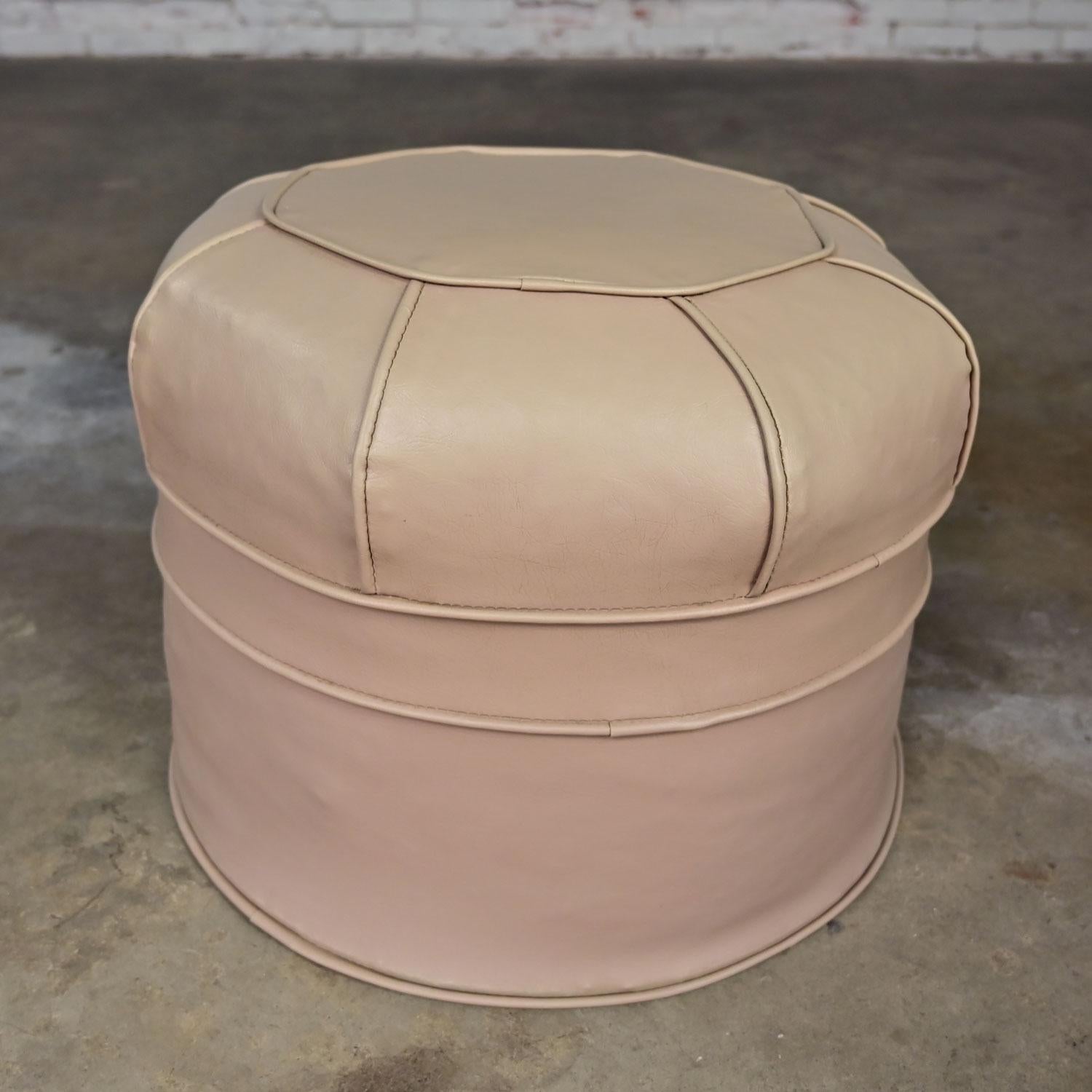 Vintage MCM Beige Faux Leather Vinyl Octagonal Hassock Ottoman or Footstool For Sale 1