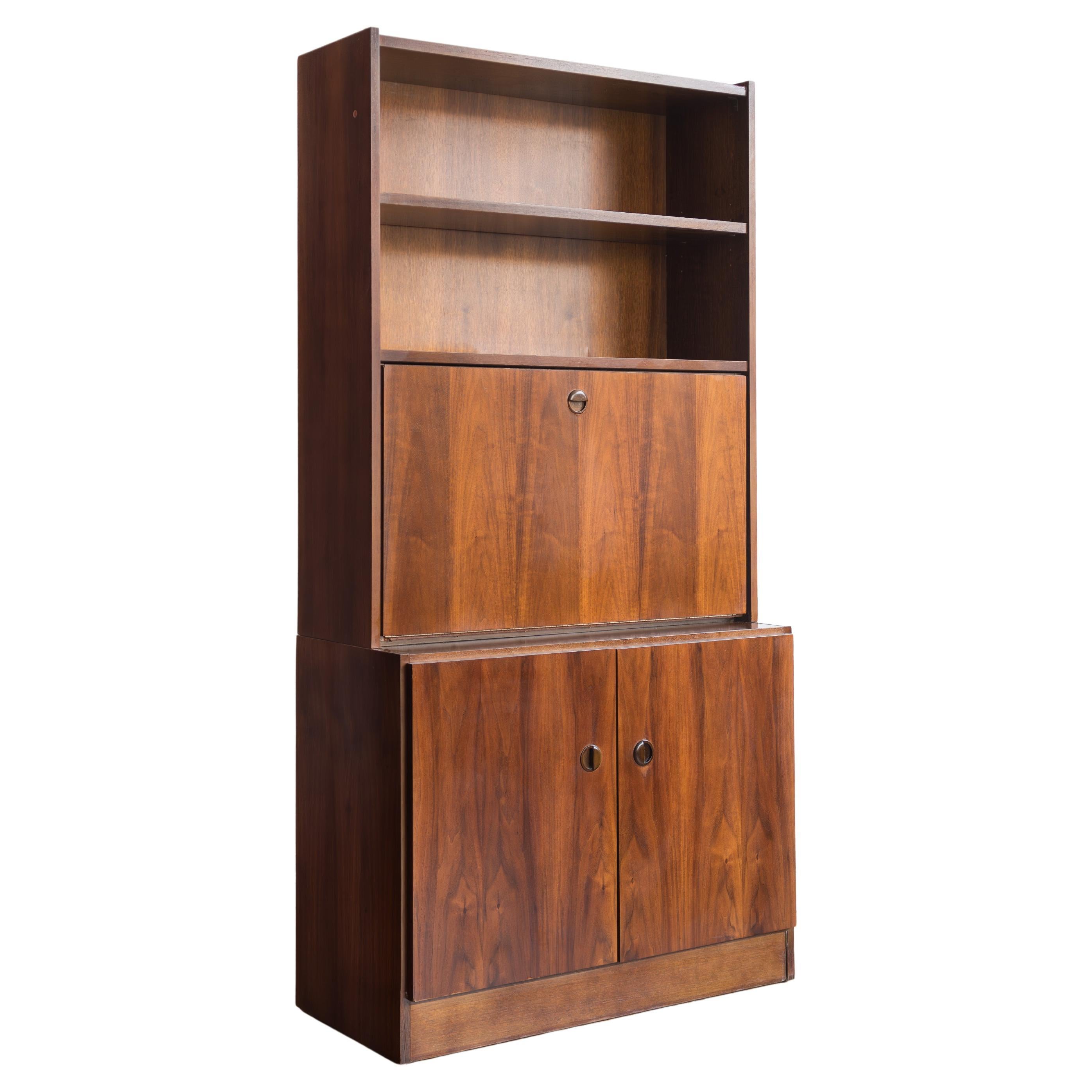Vintage MCM Belgian Bookcase with Drop Down Desk/Bar in Walnut