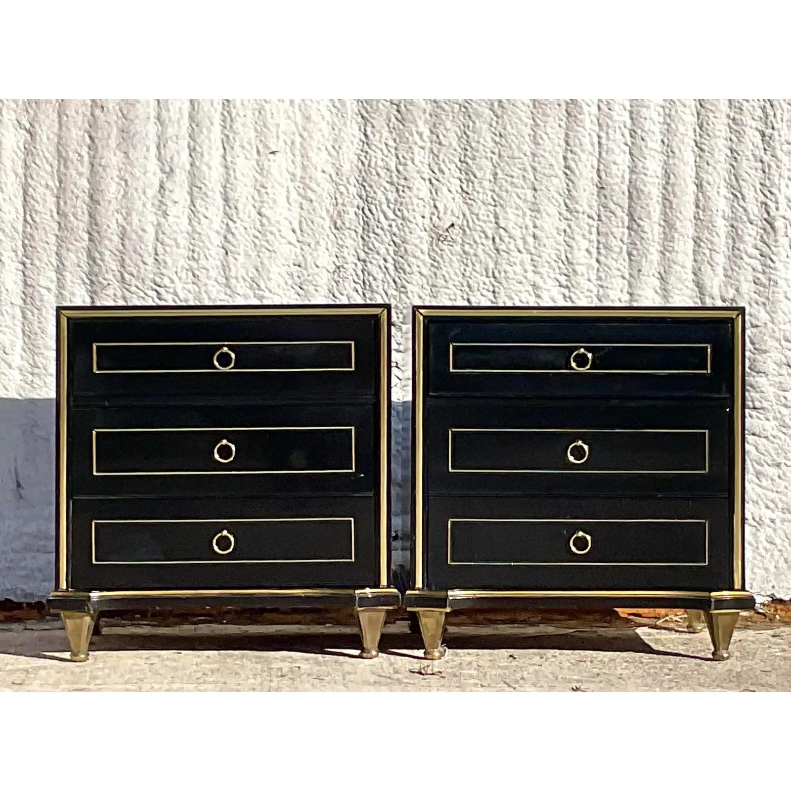 North American Vintage MCM Black Lacquer Nightstands After American of Martinsville