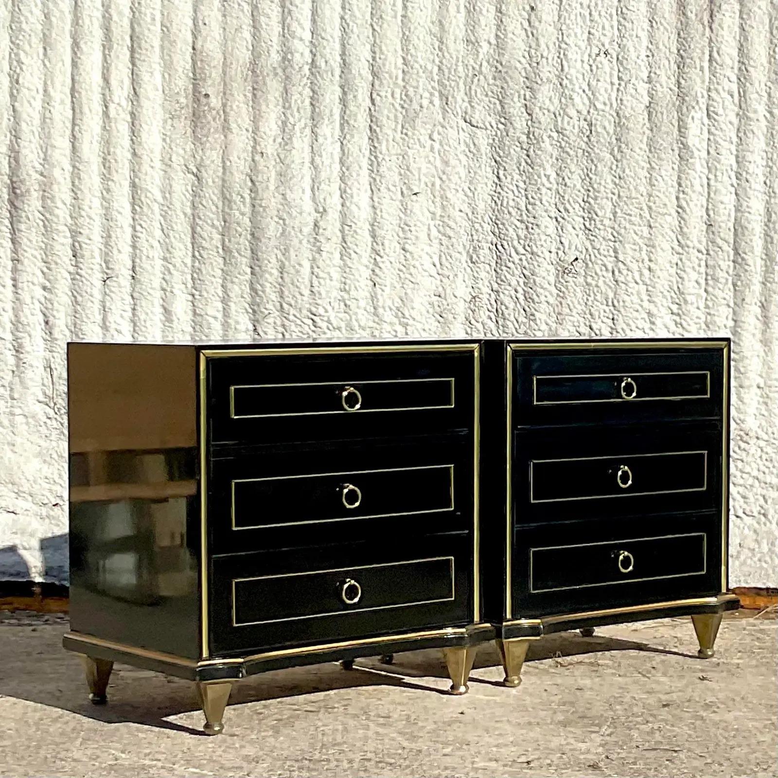 20th Century Vintage MCM Black Lacquer Nightstands After American of Martinsville