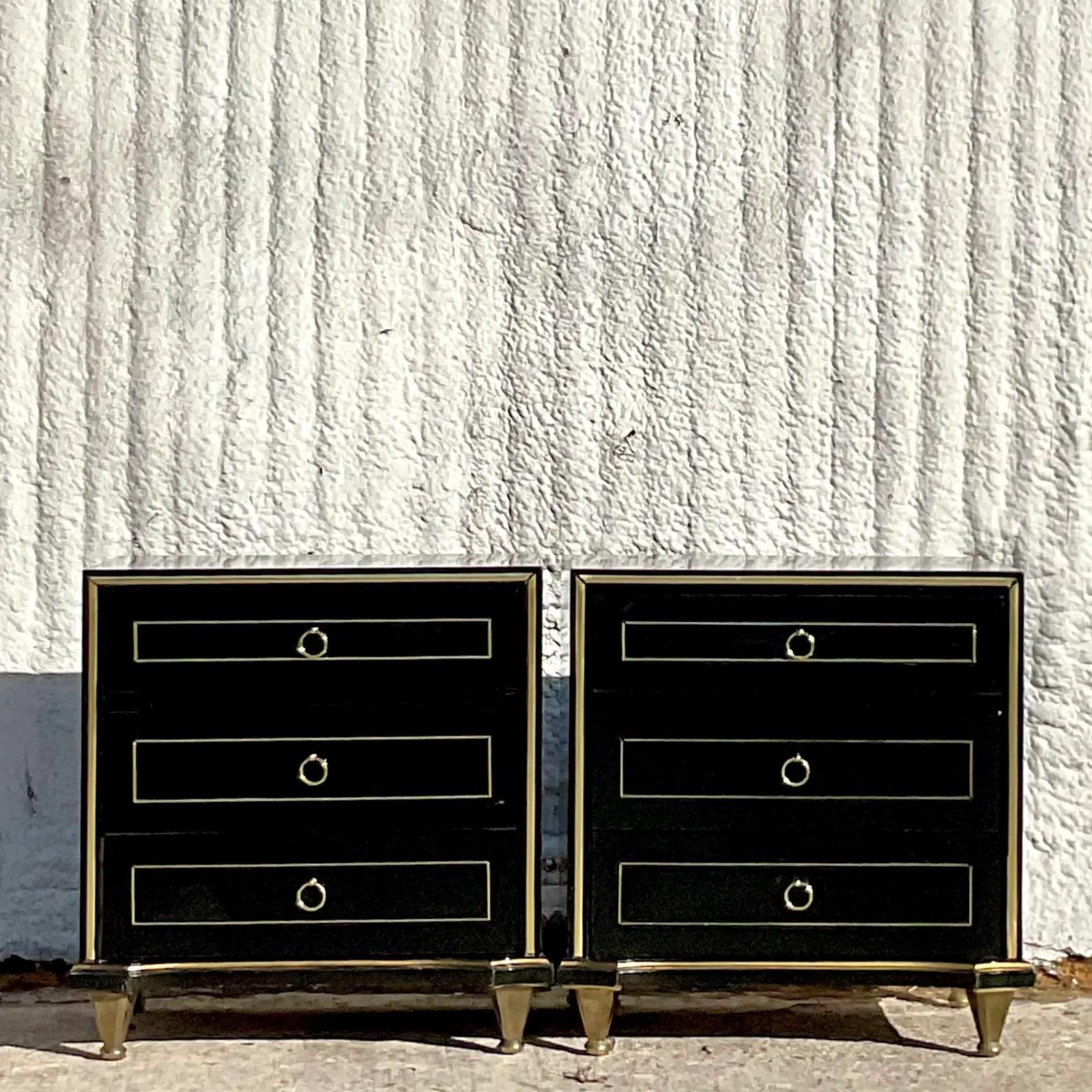 Brass Vintage MCM Black Lacquer Nightstands After American of Martinsville