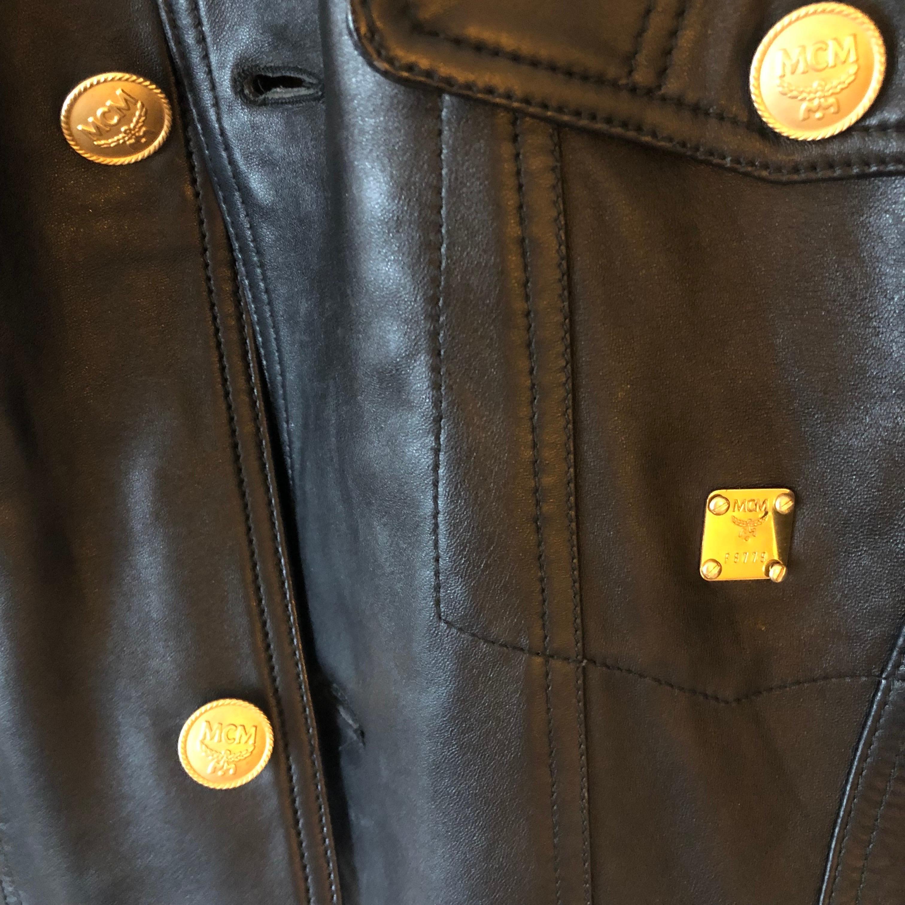 Vintage MCM Black Leather Jacket with Gold Plate and Buttons  For Sale 6