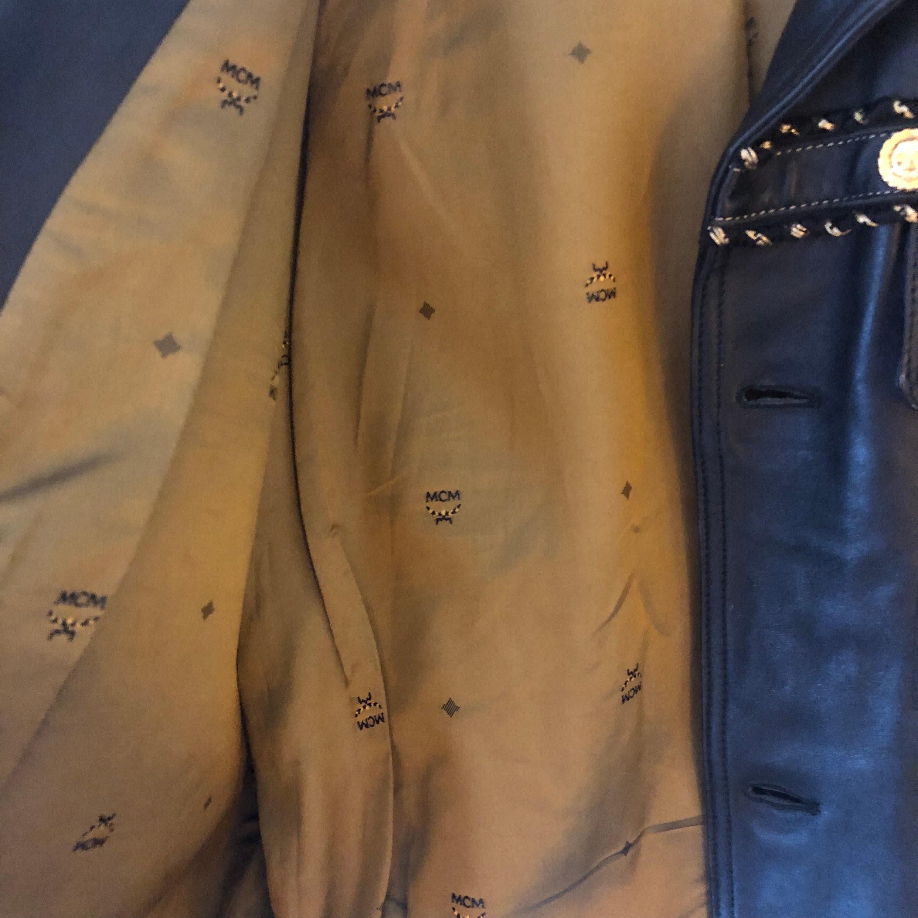 Women's or Men's Vintage MCM Black Leather Jacket with Gold Plate and Buttons  For Sale
