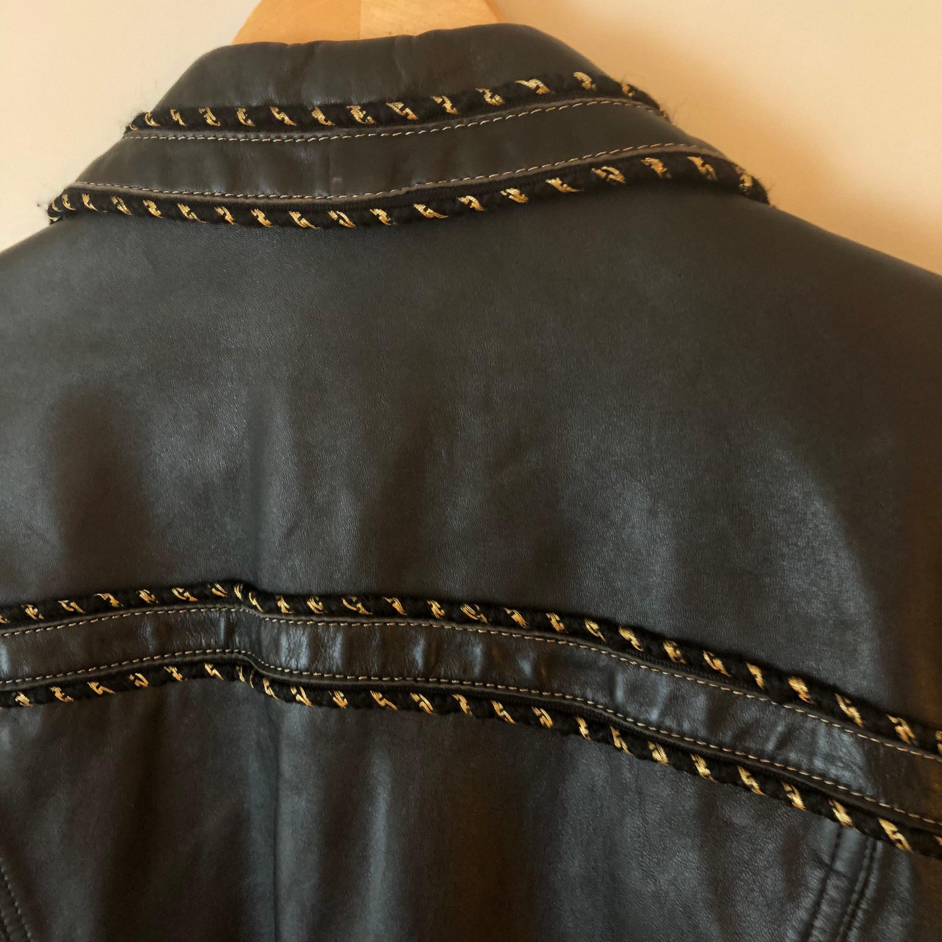 Vintage MCM Black Leather Jacket with Gold Plate and Buttons  For Sale 1