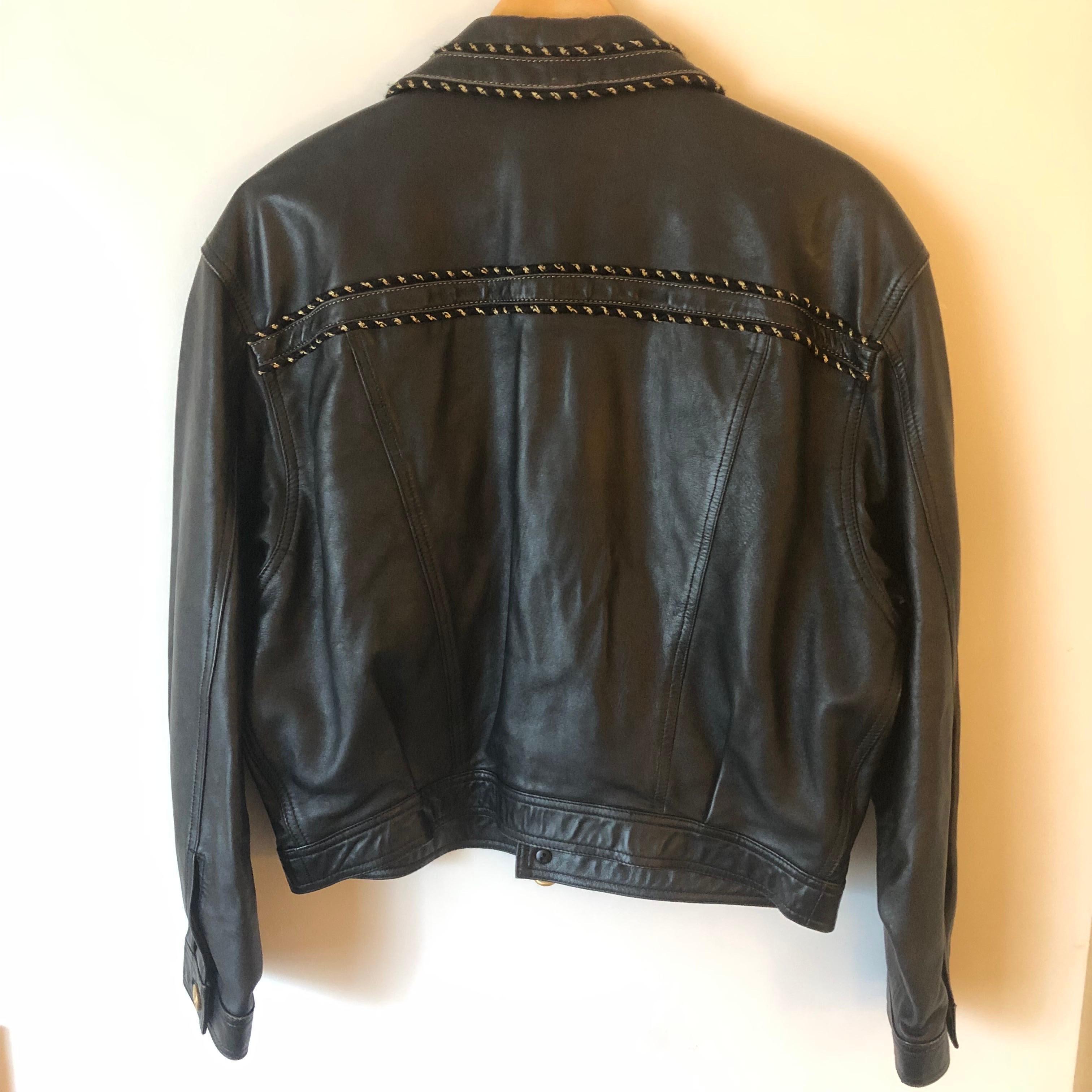 Vintage MCM Black Leather Jacket with Gold Plate and Buttons  For Sale 2