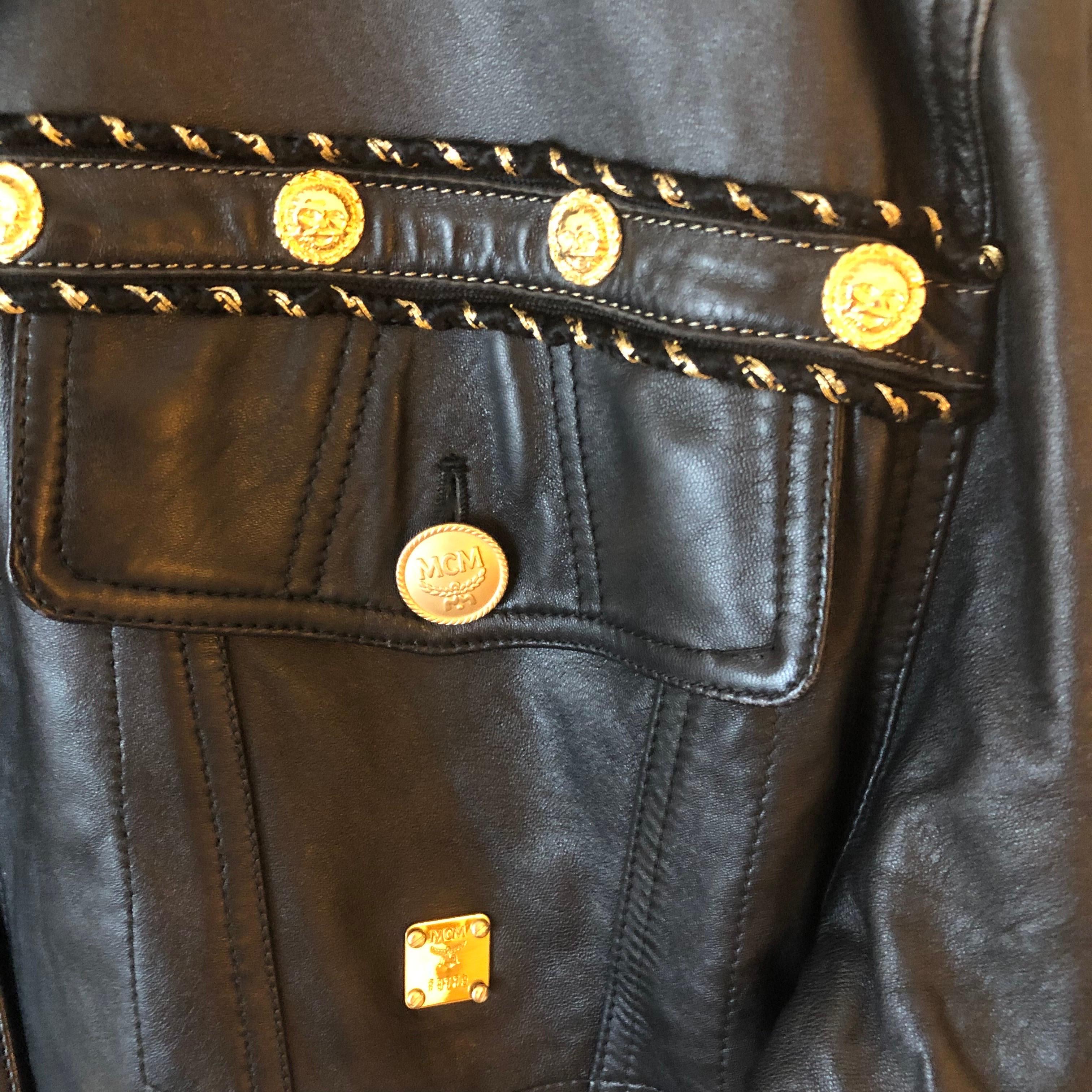 Vintage MCM Black Leather Jacket with Gold Plate and Buttons  For Sale 3