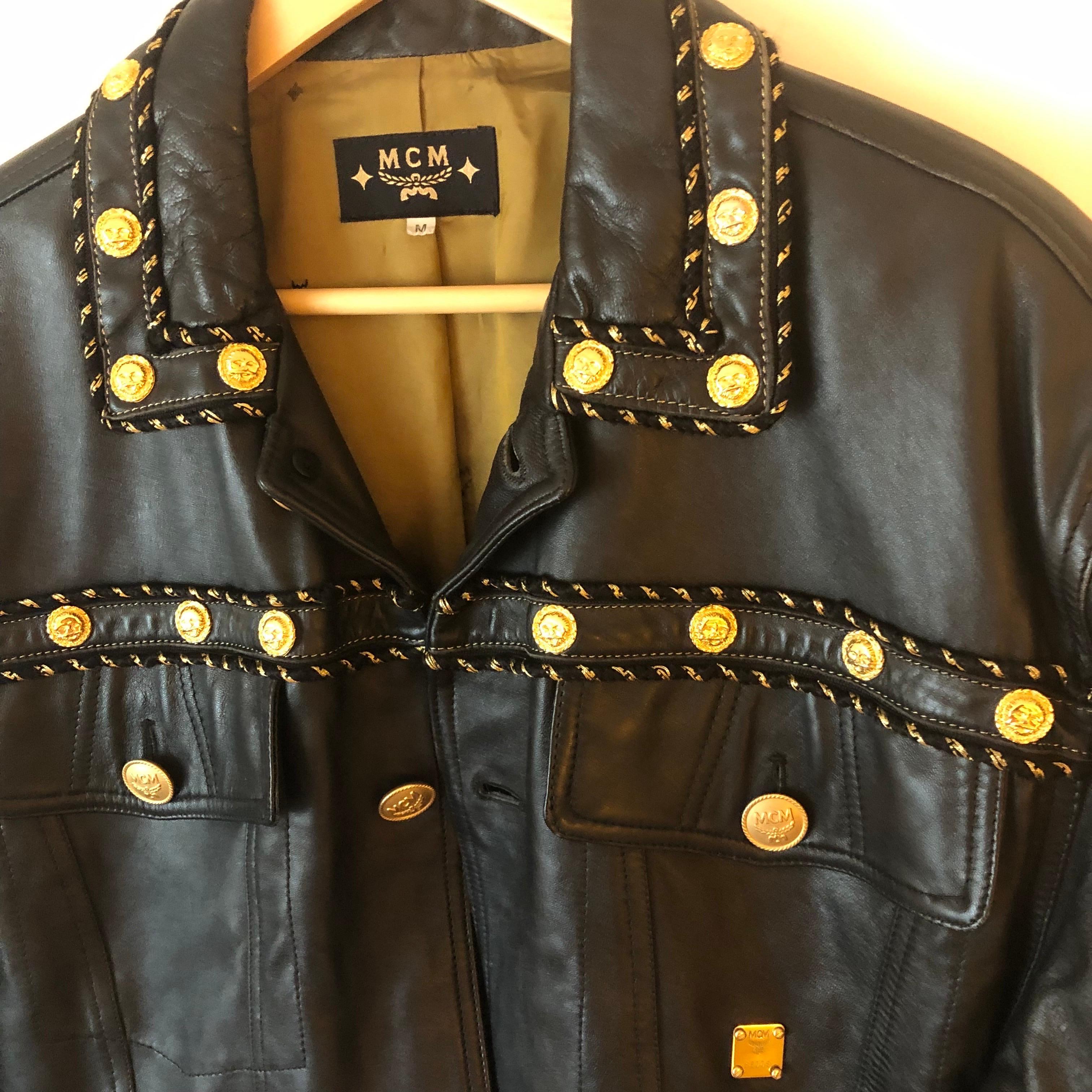 Vintage MCM Black Leather Jacket with Gold Plate and Buttons  For Sale 4