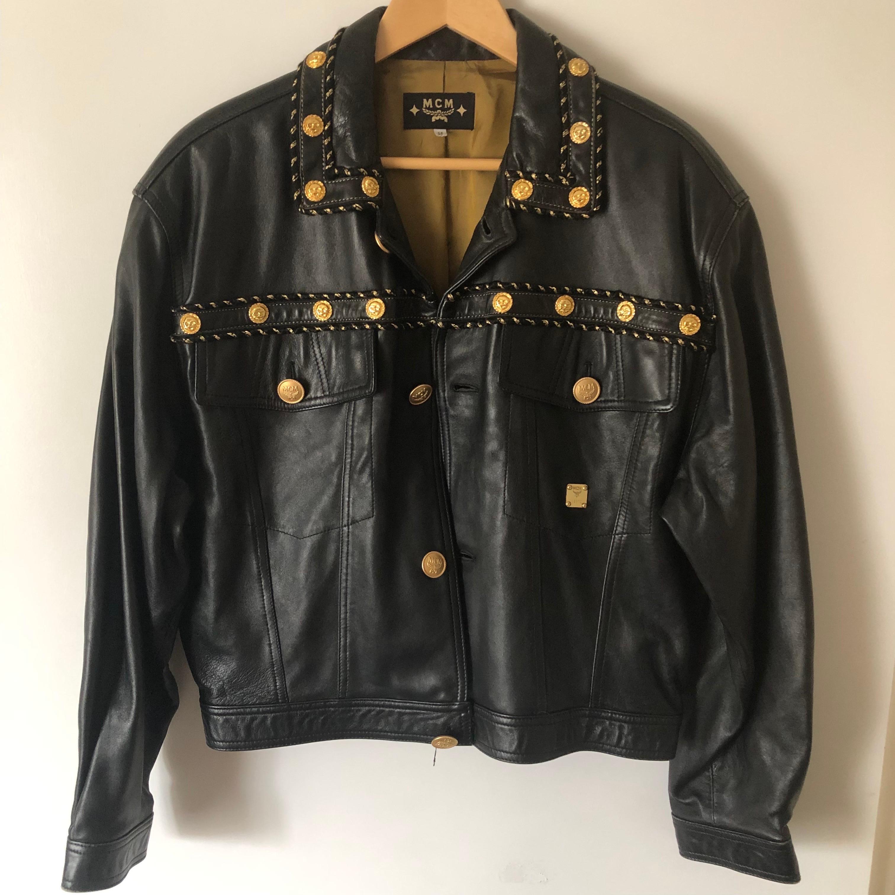 Vintage MCM Black Leather Jacket with Gold Plate and Buttons  For Sale 5