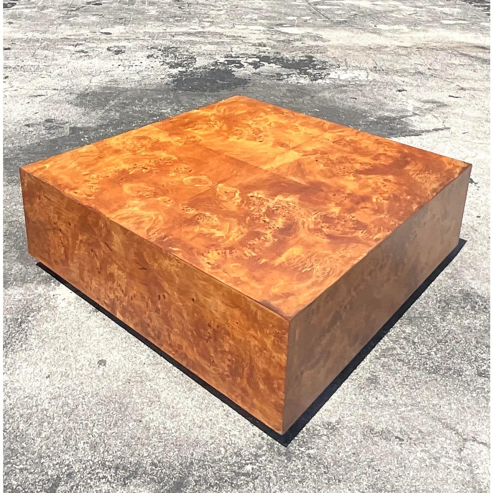 Vintage MCM Book Matched Burl Wood Coffee Table After Milo Baughman In Good Condition In west palm beach, FL