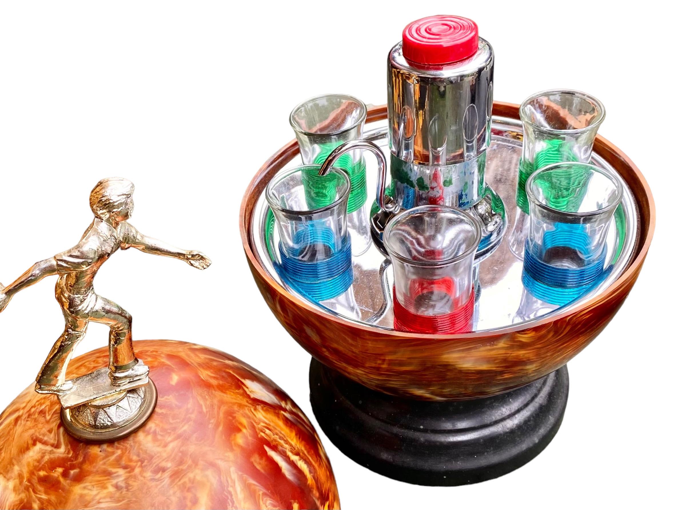 Machine-Made Vintage MCM Bowling Ball Cocktail Dispenser and Shot Glass Set