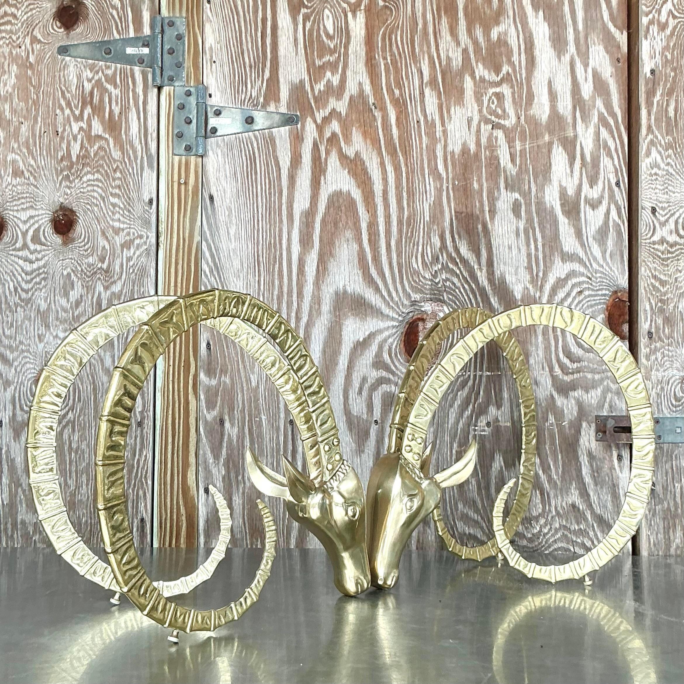 Vintage MCM Brass Ram’s Head Coffee Table Pedestals - Set of 2 In Good Condition In West Palm Beach, FL