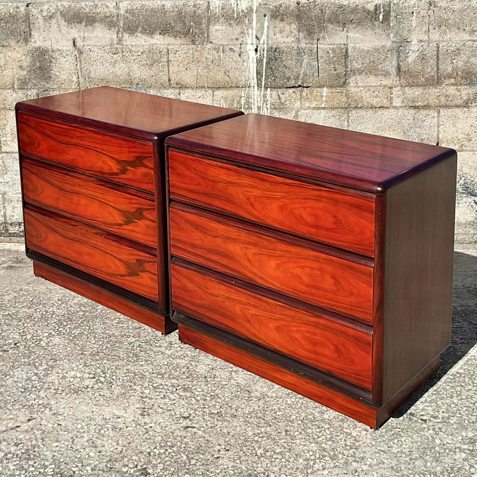 Incredible pair of vintage Rosewood chests of drawers. Made by the MCM iconic Brouer group. Beautiful wood grain detail. Marked on the back. Acquired from a Palm Beach estate.