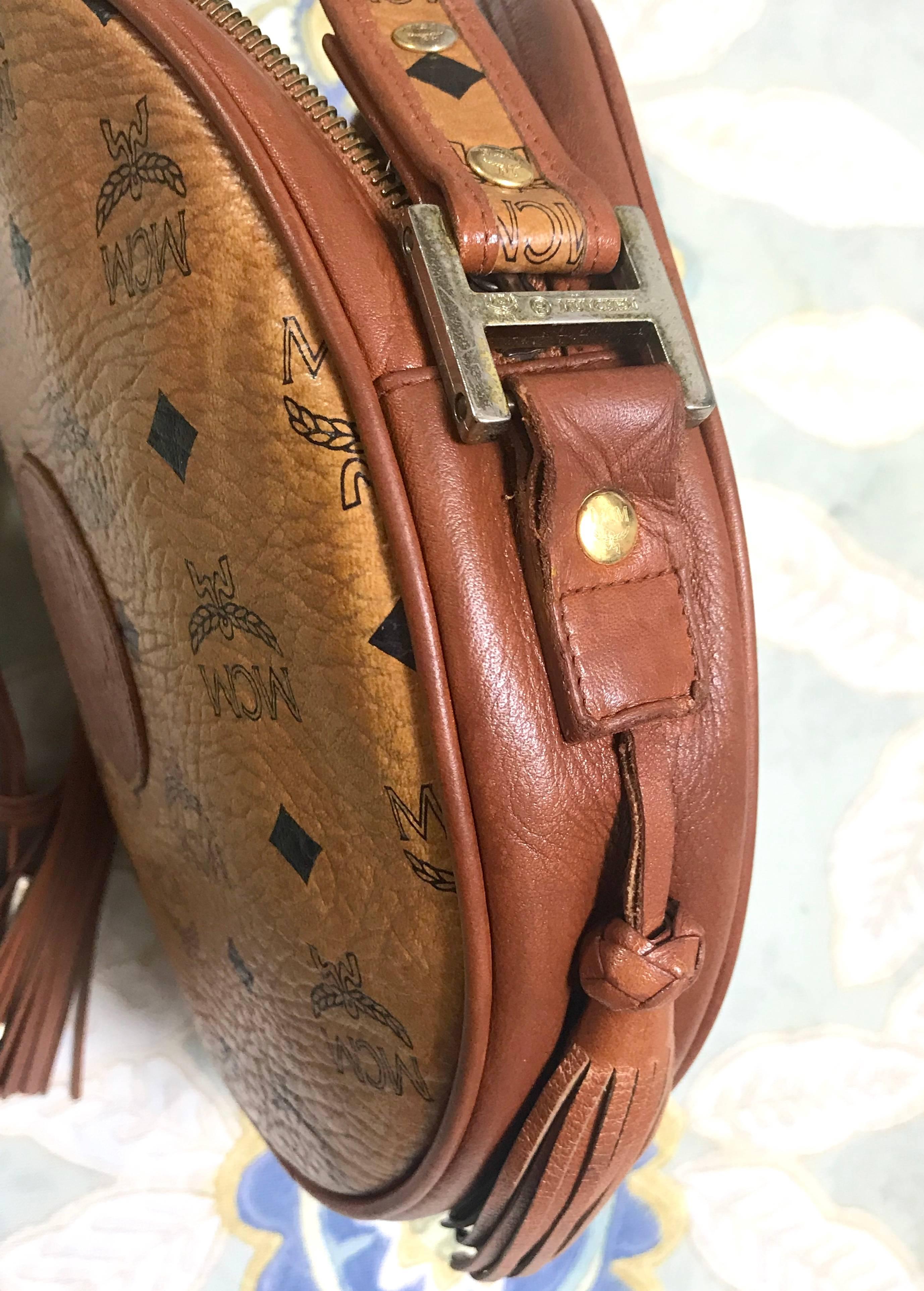 Vintage MCM brown monogram round Suzy Wong shoulder bag with fringes. Classic In Good Condition In Kashiwa, Chiba